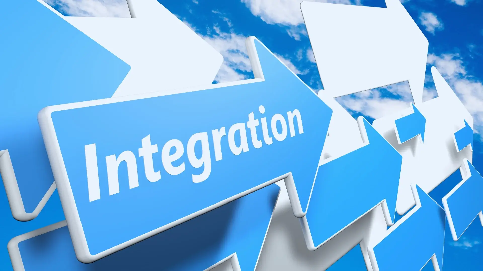 Several blue and white arrows overlap against a sky with clouds. The largest blue arrow in the foreground features the word “Integration,” highlighting TeamGantt Integrations in a dynamic visual.