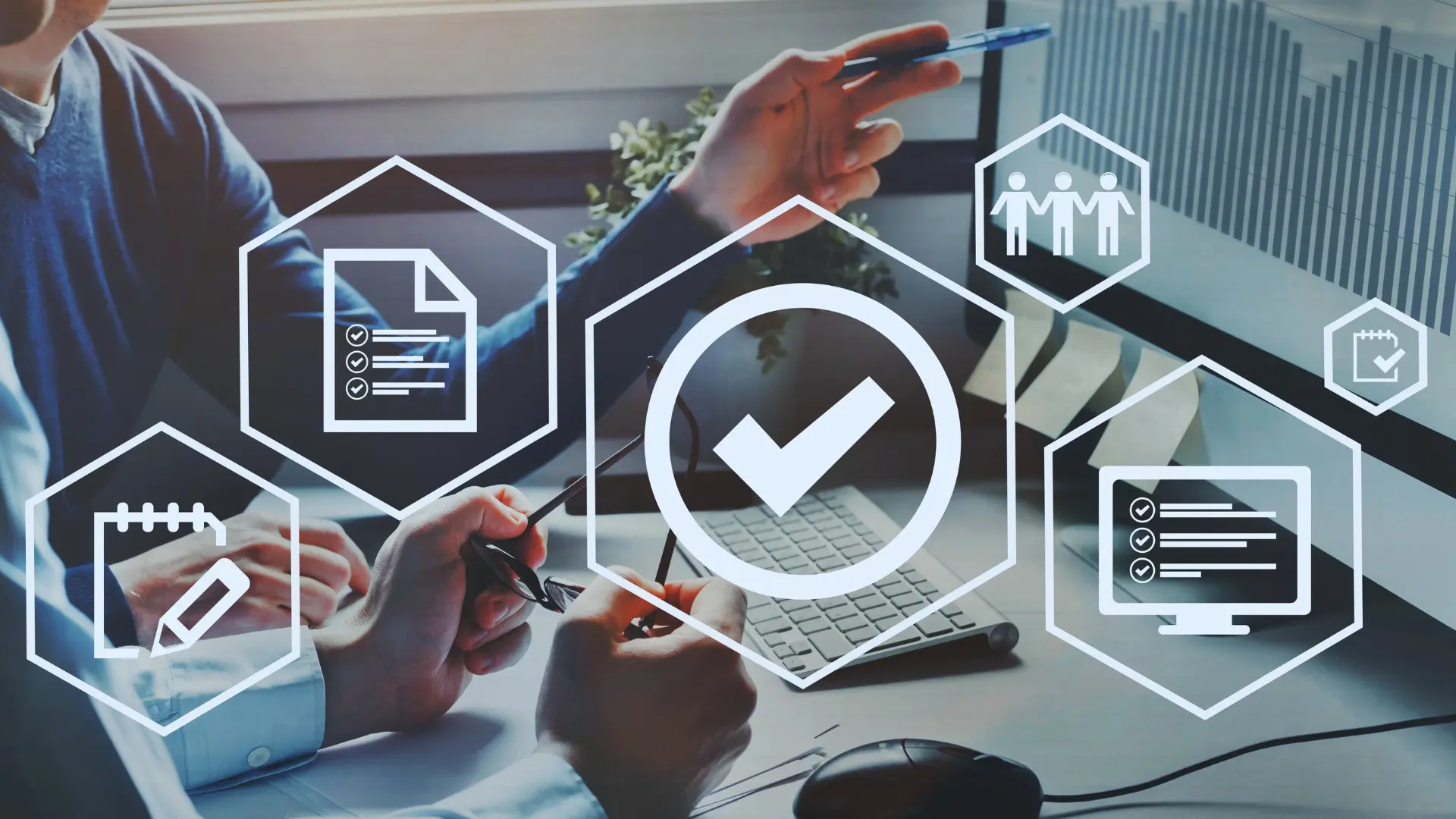 Two people work at a desk with a computer, taking notes and discussing documents. Overlay icons depict checklists, teamwork, and data, symbolizing On-Time Project Management or effective business strategy planning.