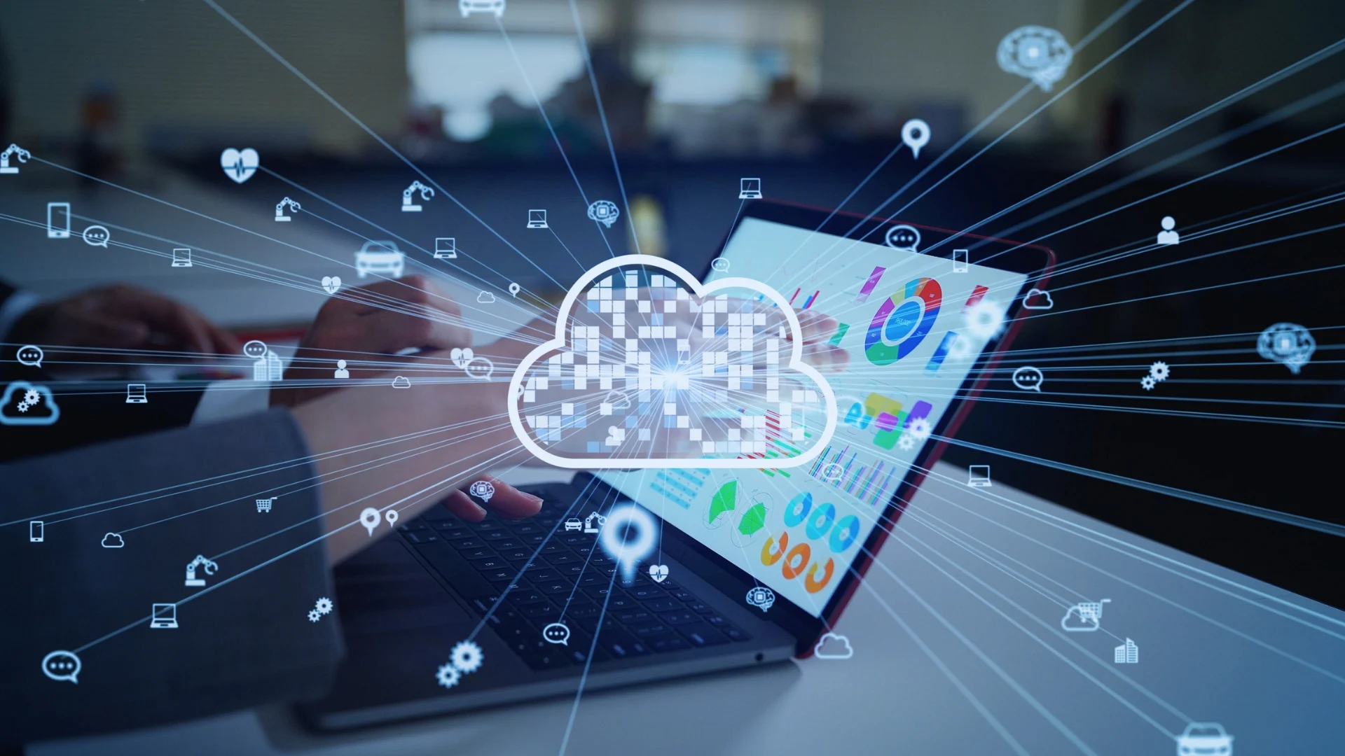 A person types on a laptop displaying colorful charts and graphs. A digital cloud icon with connected technology symbols overlays the image, highlighting cloud computing, data integration, and a BVDash alternative solution.