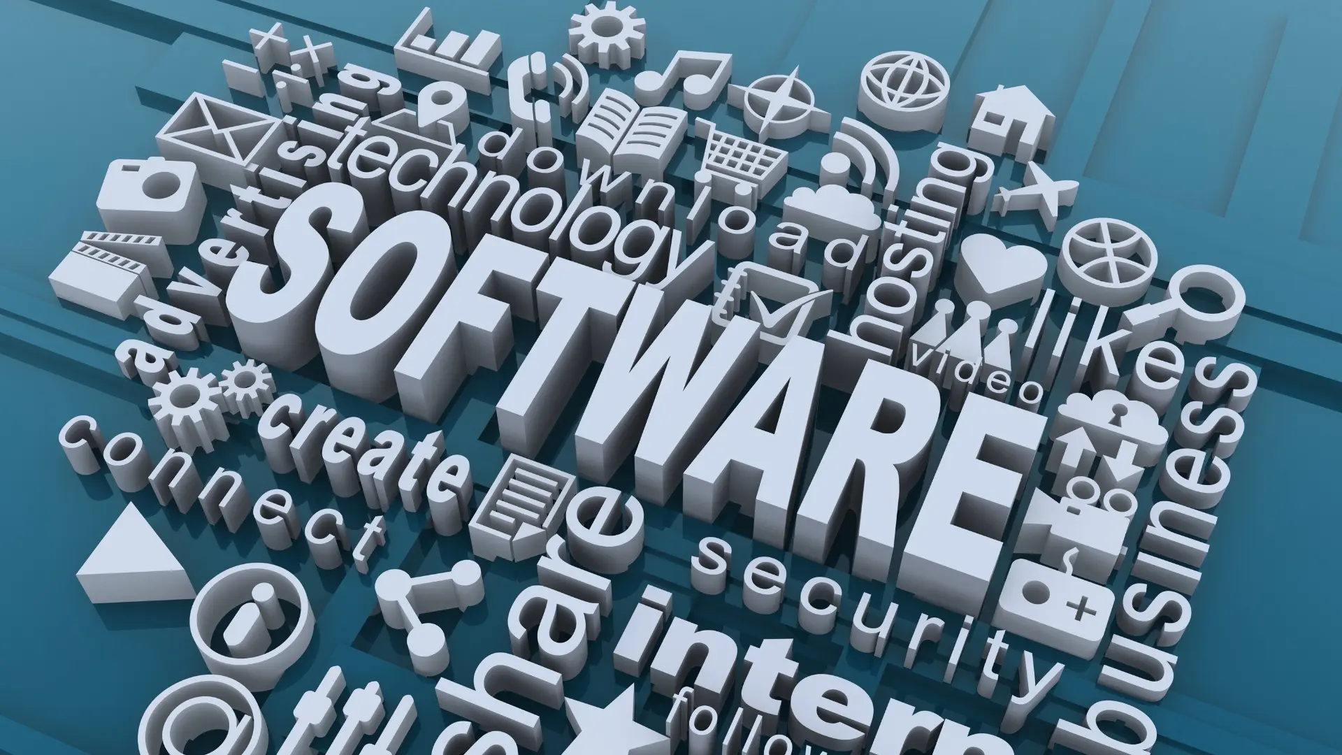 3D words and icons related to technology, such as "SOFTWARE," "internet," "security," and "Project Management," appear in various sizes=
