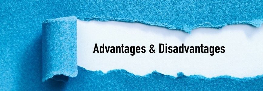 A sheet of blue paper is torn open, revealing the words "Advantages & Disadvantages" in bold black text on a white background, highlighting key points about Project Management Software.