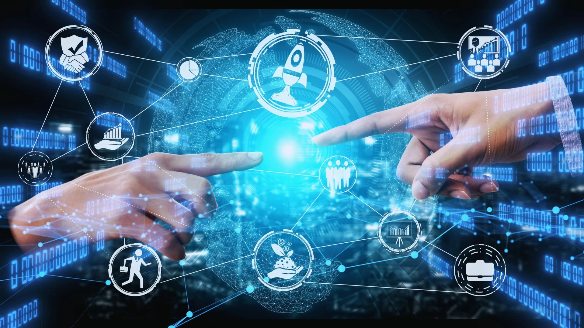 Two hands point towards a glowing center with interconnected digital icons representing business, technology, finance, and Project Management Innovations against a backdrop of binary code and a globe.