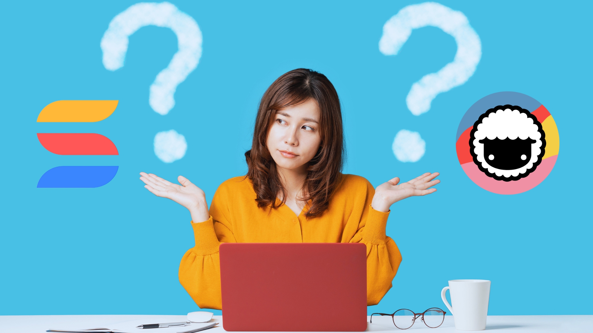 A woman sits at a desk with a red laptop, looking uncertain. She gestures to two icons on either side: SmartSuite vs Taskade, with question marks above each as she decides which tool to choose.