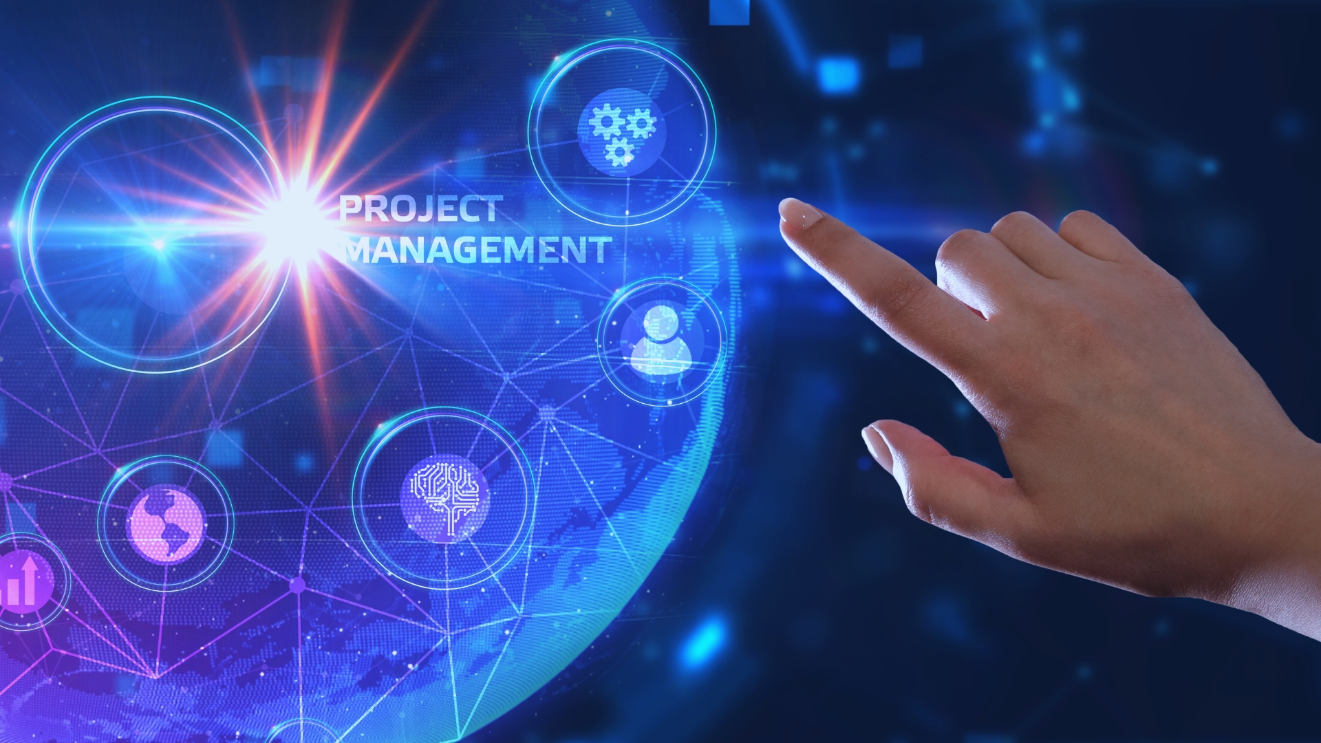 A hand points toward a digital globe with the words "AI Project Management" and various icons, representing technology and teamwork, glowing on a blue futuristic interface.