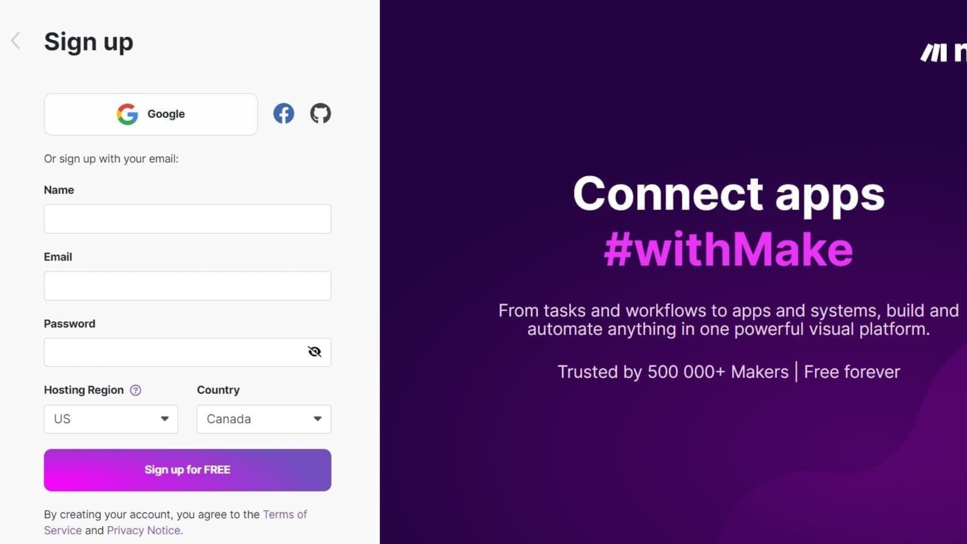 A sign-up page for Make, featuring options to register via Google, Facebook, email, and password. The right side promotes connecting apps with Make—highlighting automation features and a “Sign up for FREE” button. Compare SmartSuite vs Taskade for smarter workflows.