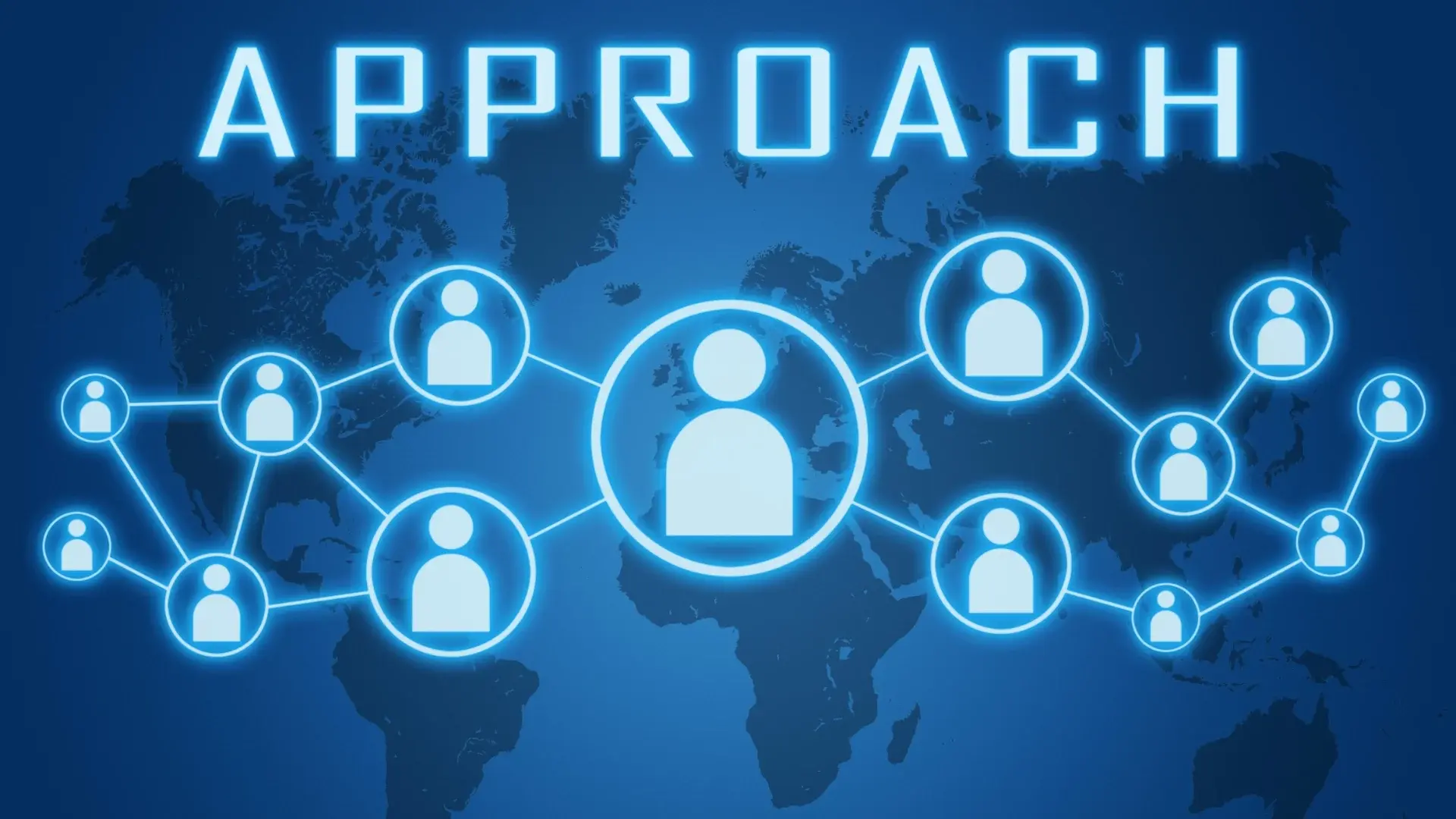 Blue digital graphic with the word “APPROACH” at the top and icons of interconnected people over a world map, symbolizing global networking or collaboration for On-Time Project Management.