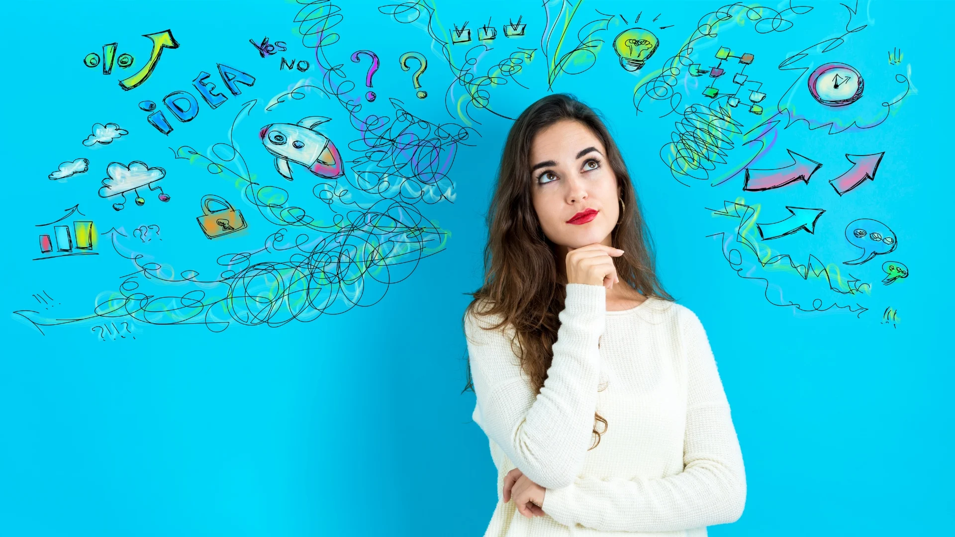 A woman in a white sweater stands before a blue background filled with colorful doodles—rockets, question marks, charts, and arrows—conveying deep thought or brainstorming around Project Management Innovations.