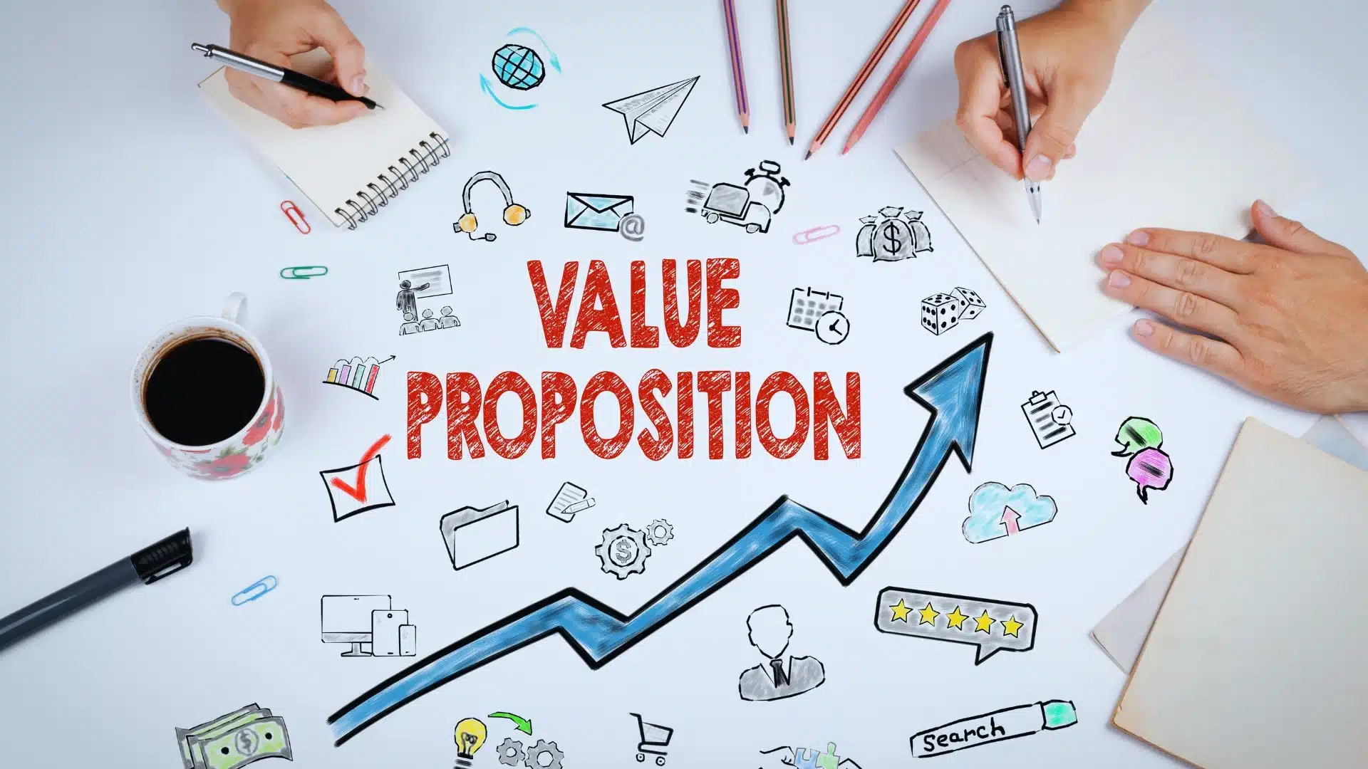 Hands writing notes around a large “Value Proposition” text, surrounded by business-themed doodles and icons, illustrate growth, creativity, and the collaborative spirit seen in Agile Project Examples.