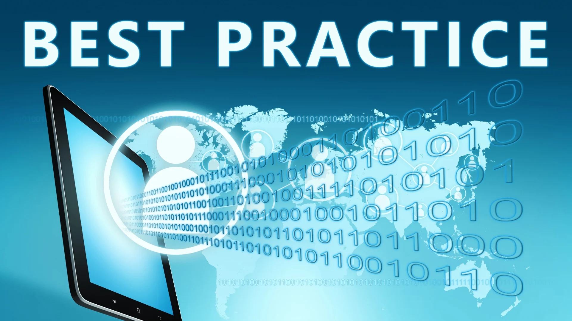 A digital illustration shows "BEST PRACTICE" text above a tablet emitting binary code and user icons, with a world map in the background, symbolizing technology, global data exchange, and Agile Project Examples in action.