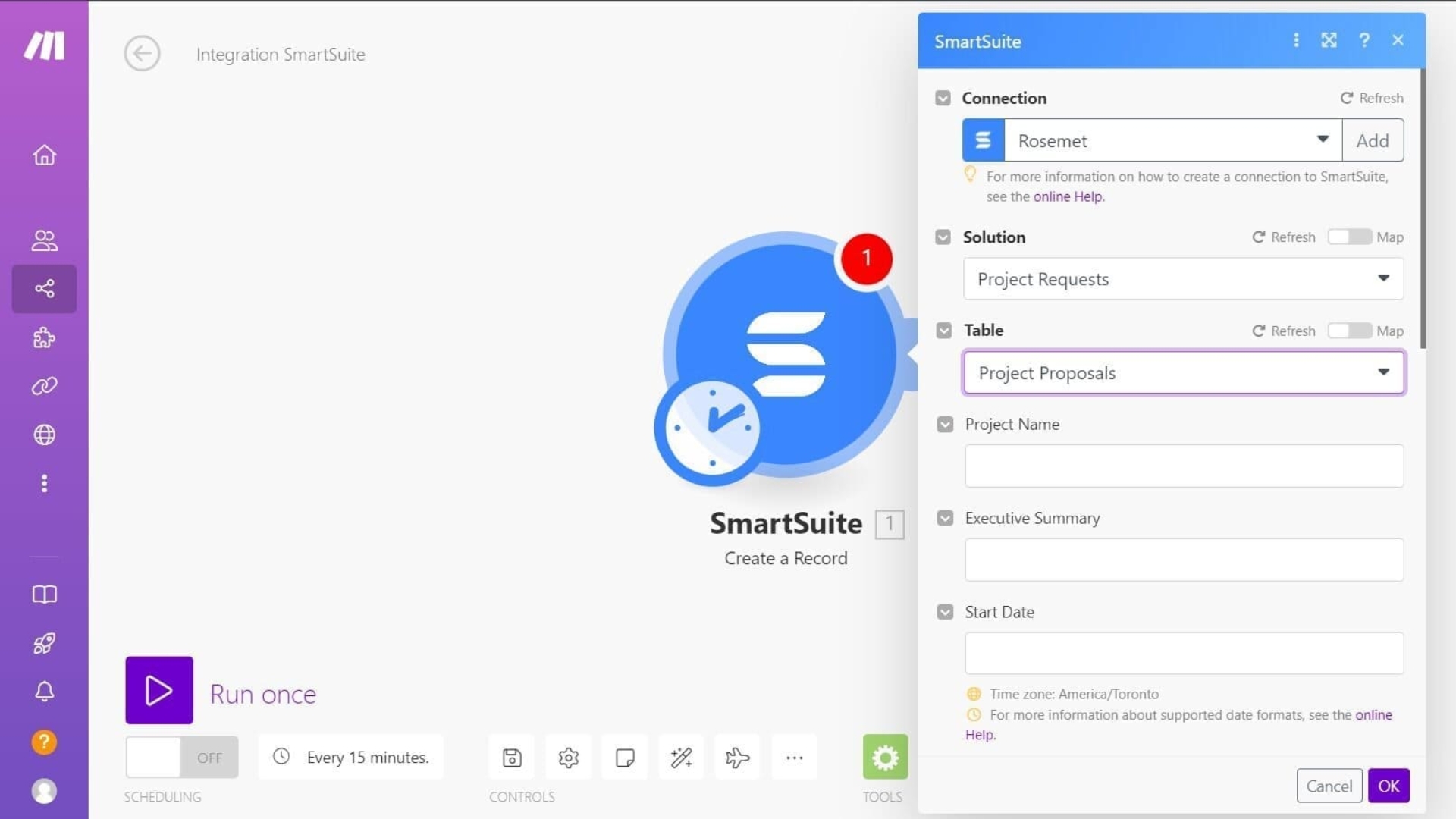 Screenshot of an integration setup in Make with SmartSuite. The right panel features connection and project detail fields, helpful for comparing SmartSuite vs Taskade. The left sidebar has navigation icons and a highlighted “Run once” button.