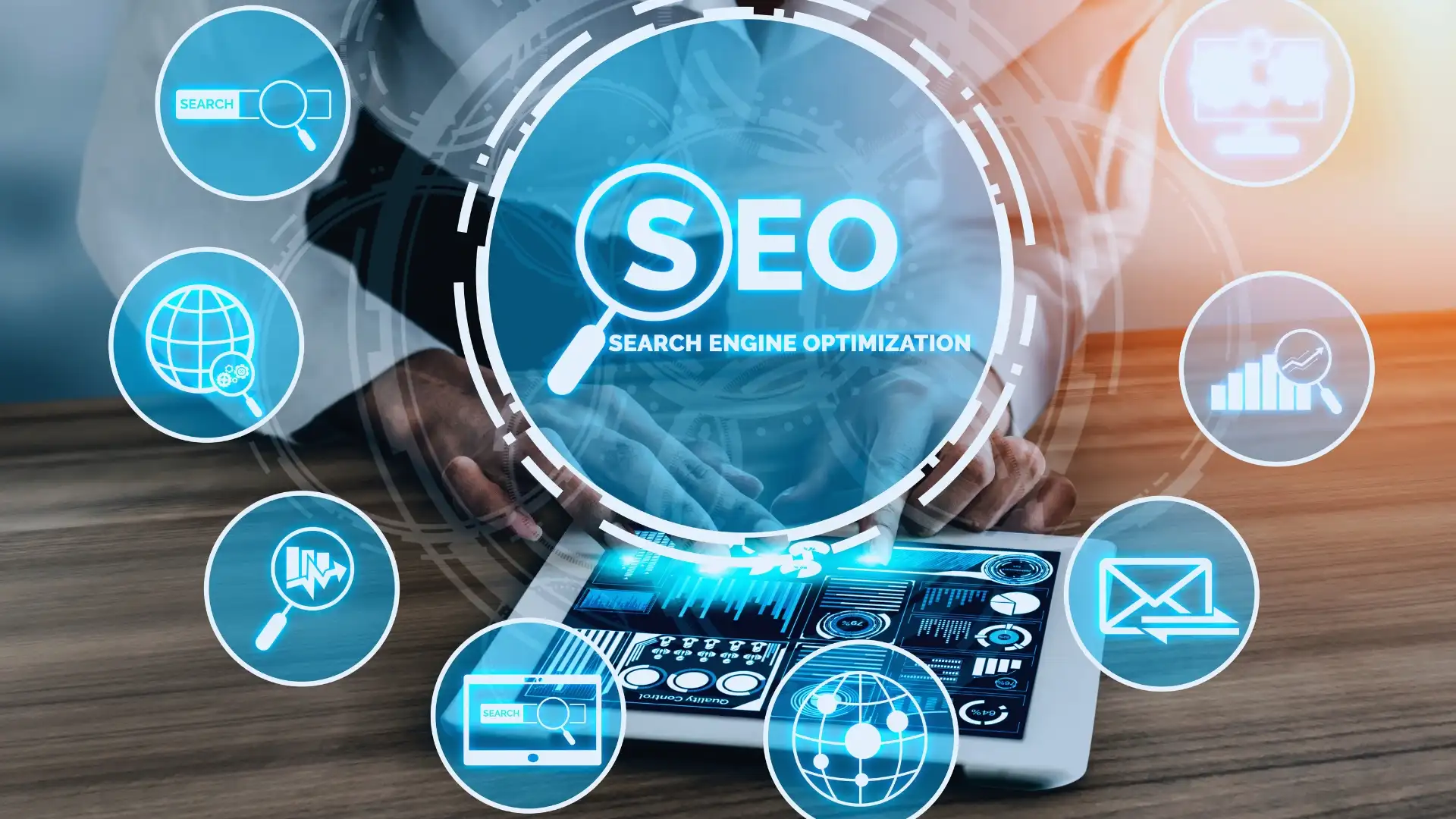 A person uses a tablet displaying analytics, with a digital overlay reading "SEO Search Engine Optimization," surrounded by icons for search, graphs, email, and data analysis—highlighting Project Management Innovations in digital marketing.