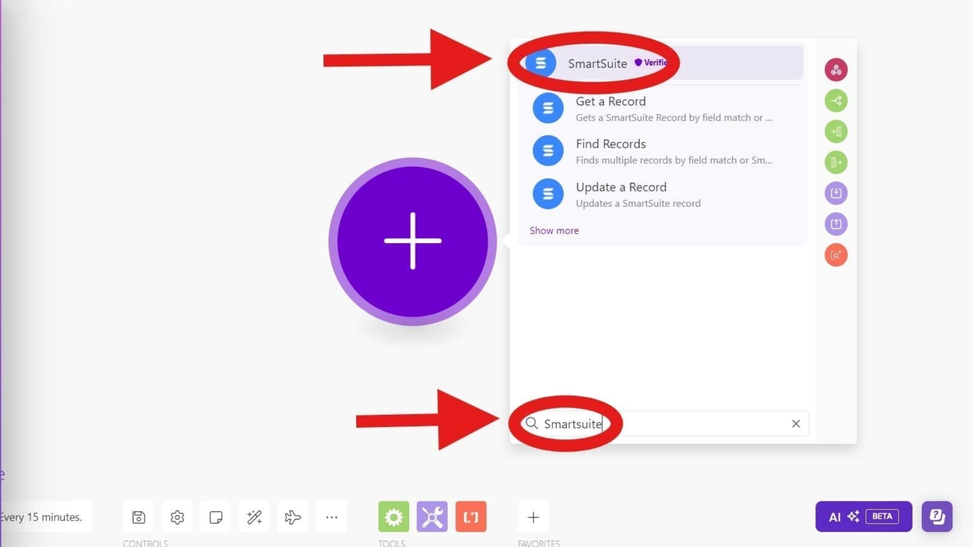 A computer screen shows a search bar with "SmartSuite" typed in, highlighting results for SmartSuite vs Taskade. Two large red arrows point to the search term and the first result. A large purple plus button is visible in the background.