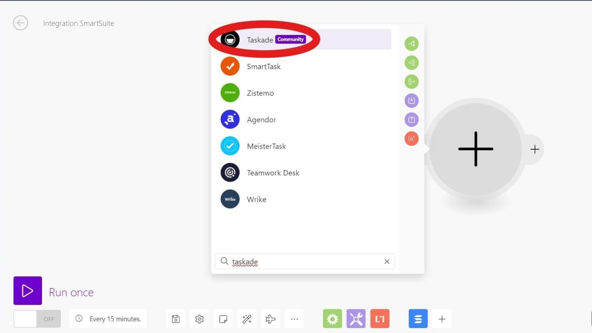 A screen displays a list of task management apps, with "Taskade" highlighted in red at the top. Other options like SmartTask, Zistemo, and MeisterTask are below, reflecting a typical SmartSuite vs Taskade comparison. The "Run once" button appears at the bottom.