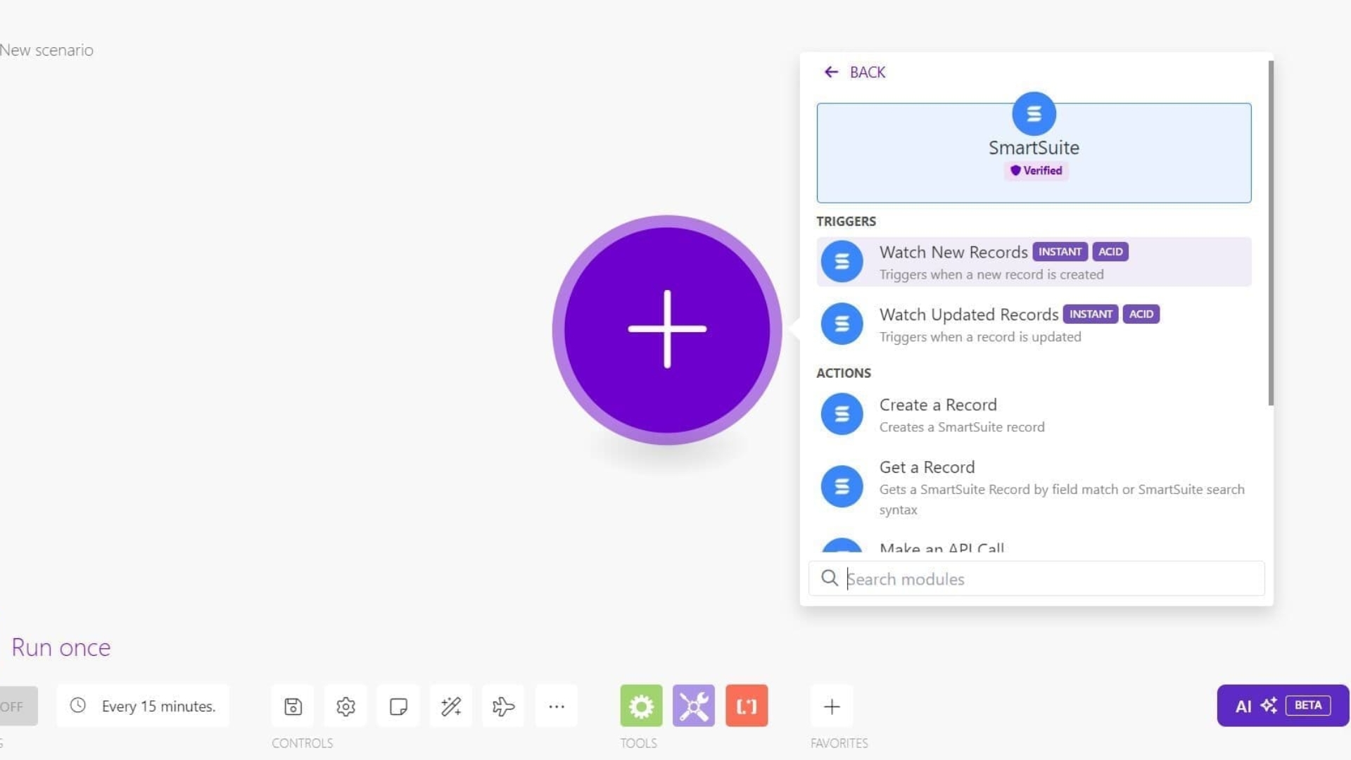 A screenshot of an automation tool interface shows a large purple plus button in the center. A SmartSuite vs Taskade integration panel on the right lists triggers and actions, such as “Watch New Records” and “Create a Record.”.