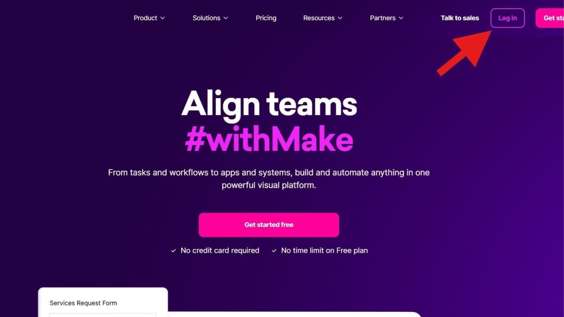 A website homepage with the slogan "Align teams #withMake" in large text. A red arrow points to the "Log in" button on this purple-themed page, highlighting collaboration for users exploring options like SmartSuite vs Taskade.