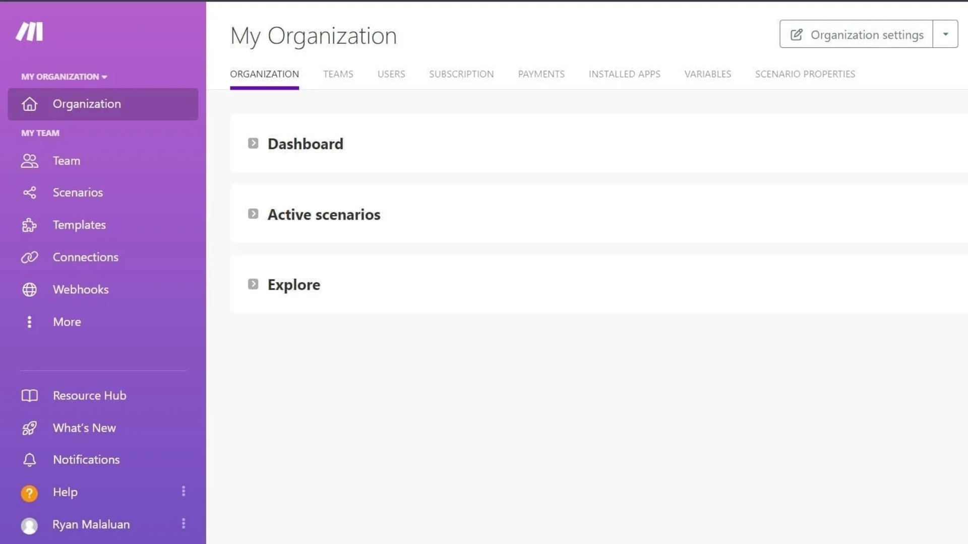 A dashboard interface for an organization, featuring navigation tabs on the left for Team, Scenarios, Templates, and more. The main section displays Dashboard, Active scenarios, and Explore—ideal for comparing workflows like SmartSuite vs Taskade.