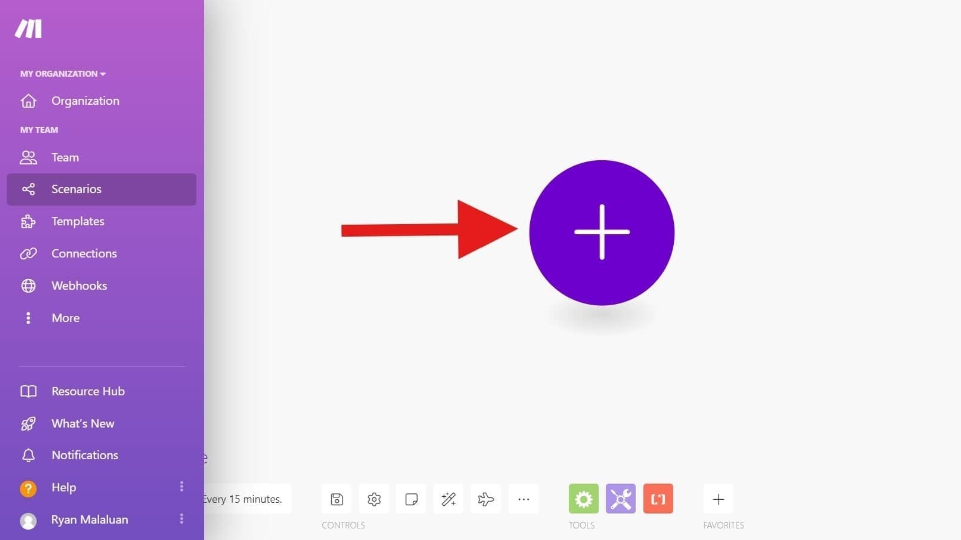 A purple circle with a white plus sign is highlighted by a red arrow on a workflow app interface comparing SmartSuite vs Taskade. The left sidebar displays menu options like Team, Scenarios, Templates, and Connections.