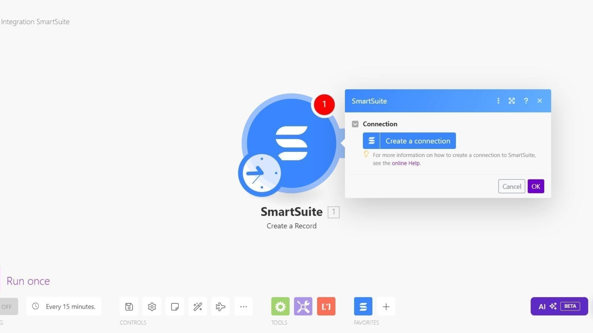 A screen displays the SmartSuite app interface with a “Create a connection” pop-up, a notification badge, and various tool icons along the bottom—highlighting why many compare SmartSuite vs Taskade for productivity.