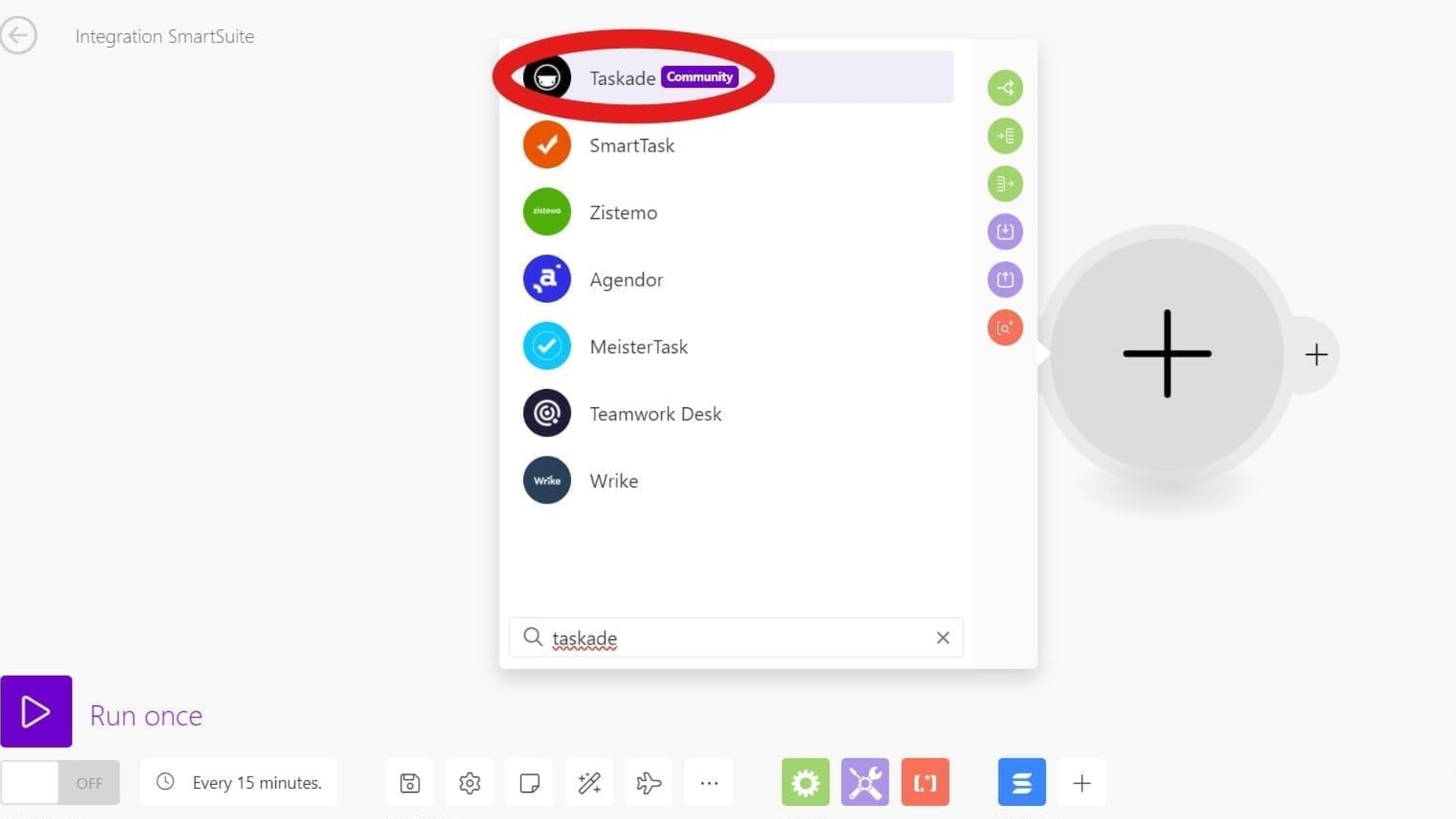 A screenshot of a task management integration menu highlighting "Taskade (Community)" with a red oval. Other options like SmartTask, Zistemo, and Wrike are listed, ideal for those comparing SmartSuite vs Taskade for workflow integration.