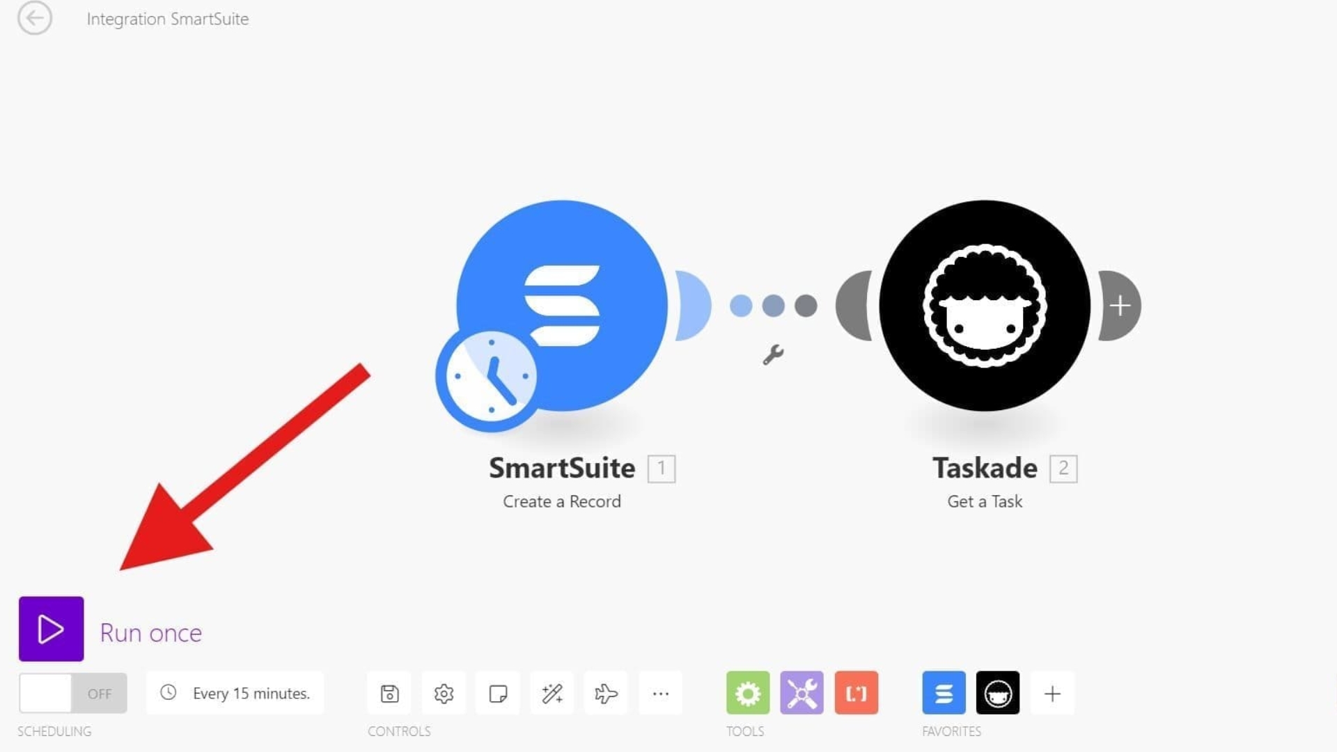 A screenshot of an automation workflow connecting SmartSuite and Taskade highlights a key feature with a red arrow pointing to the purple "Run once" button. Along the bottom, SmartSuite vs Taskade controls and scheduling options are also displayed.