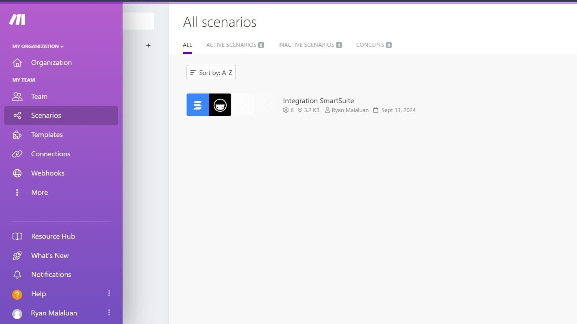 A dashboard view of the Make platform shows the "All scenarios" page, listing one scenario titled "Integration SmartSuite" by Ryan Malauan, with a sidebar menu—perfect for those comparing SmartSuite vs Taskade integrations.