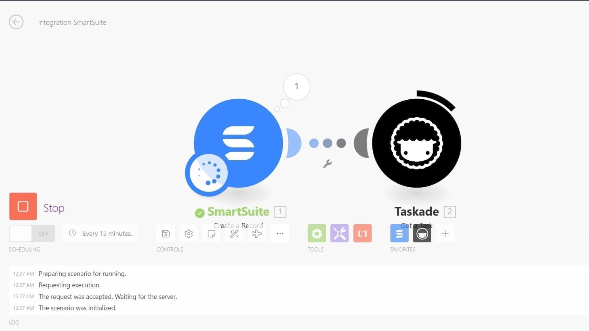 A workflow automation interface illustrating SmartSuite vs Taskade integration, with status updates displayed below and various control buttons centrally positioned.