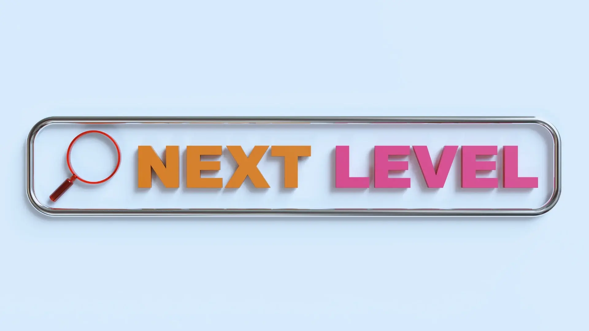 A rectangular frame with a magnifying glass icon on the left, and the words "NEXT LEVEL" in large, bold letters—"NEXT" in orange and "LEVEL" in pink—on a light blue background, evoking curiosity about what is agile environment.
