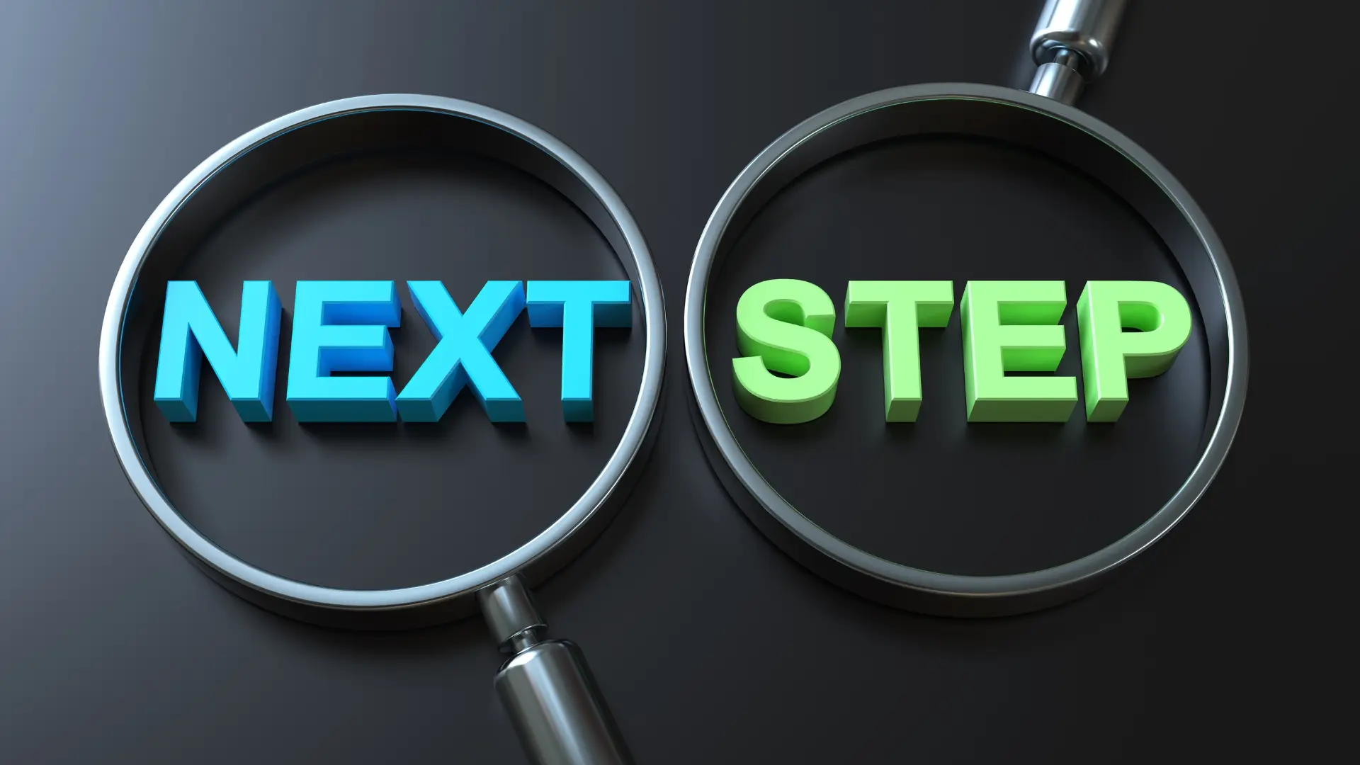 Two magnifying glasses highlight the words "NEXT" in blue and "STEP" in green on a dark background, symbolizing progress in a dynamic setting—perfect for illustrating what is an agile environment.