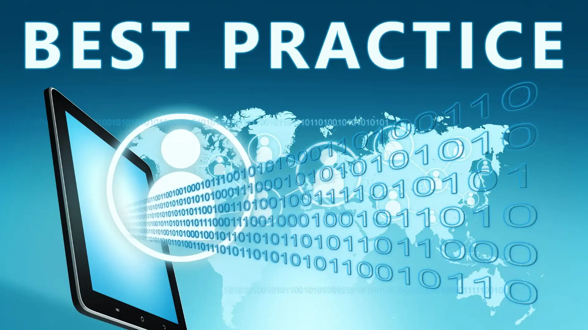 A tablet displays a person icon, with binary code streaming outward over a world map. The words "BEST PRACTICE" appear atop a blue background, symbolizing technology, global digital standards, and Agile Project Examples.