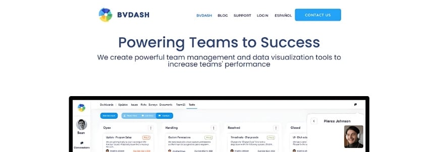 Screenshot of the BVDASH website homepage, featuring the logo, navigation menu, and headline text: "Powering Teams to Success." A dashboard interface displays team management tools and project milestones below the header.