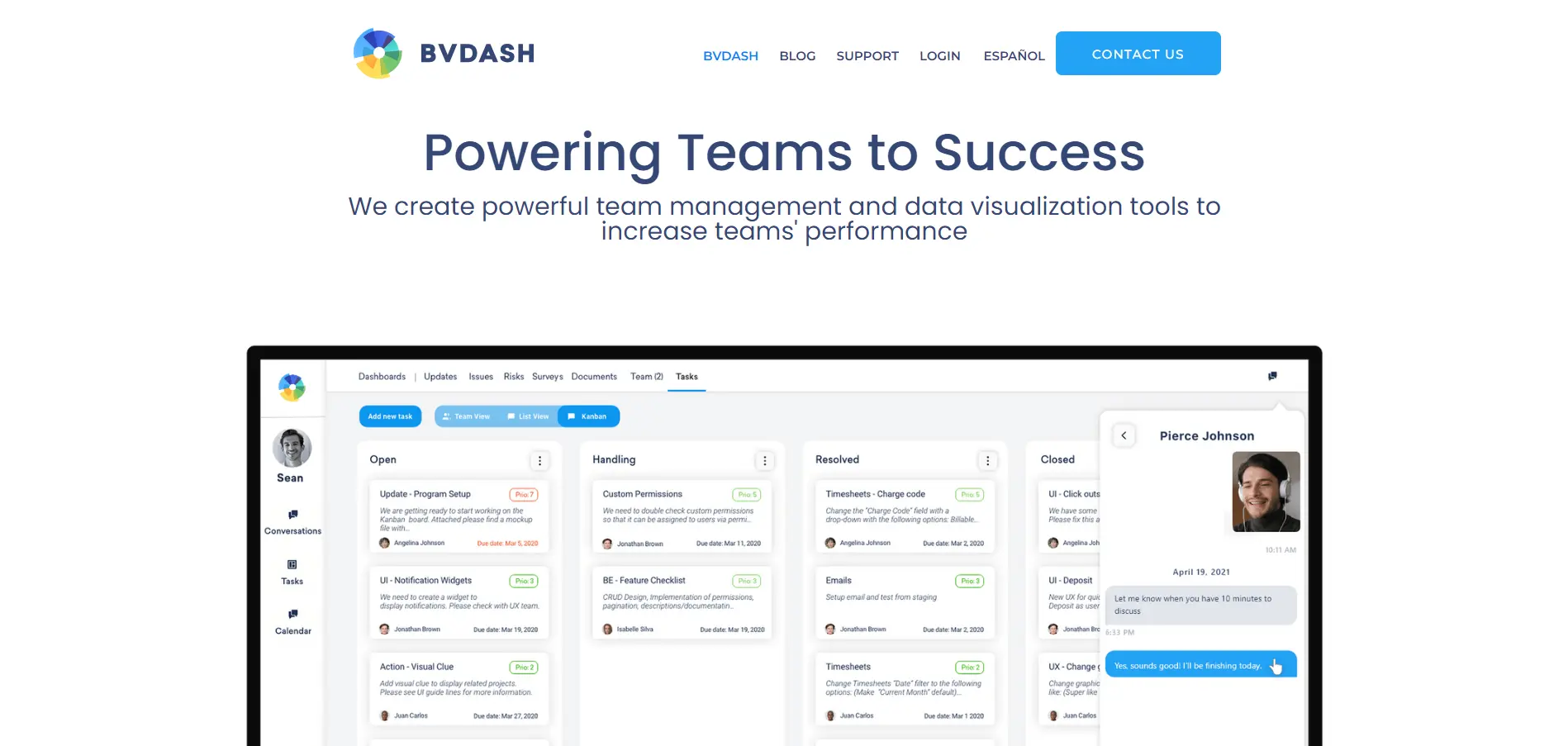 Screenshot of BVDASH website displaying a project management dashboard with task columns ("Open," "Pending," "Resolved," "Closed") and a chat window featuring Pierre Johnson—highlighting the streamlined interface in the BVDash vs Infinity comparison.