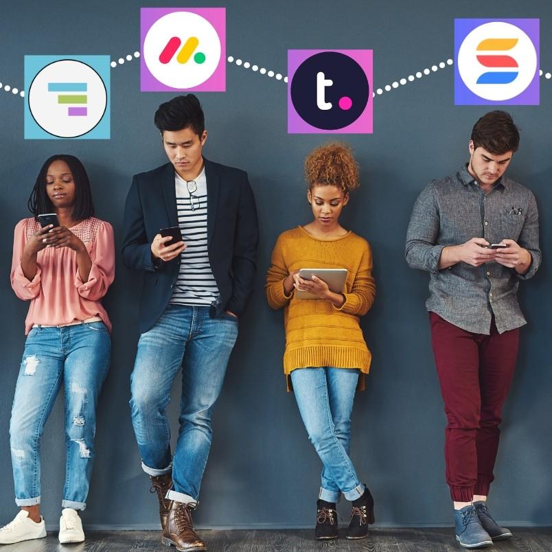 Four young adults stand against a gray wall using smartphones and a tablet. Above their heads are productivity app logos, connected by dotted lines, highlighting digital collaboration and Project Progress Tracking in BVDash.