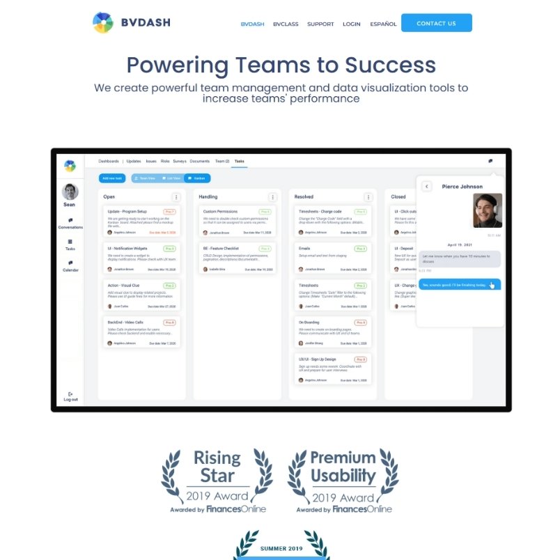 Screenshot of the BVDASH website featuring a team management dashboard with categorized task columns, chat window, and awards for Rising Star and Premium Usability from FinancesOnline—highlighting a key aspect in the BVDash vs GanttPro comparison.