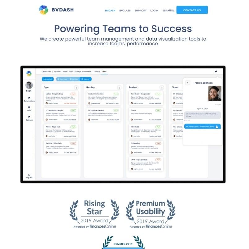 A website homepage for BVDASH features a dashboard for team management and data visualization. The screen shows task columns, a team chat, and a comparison highlight: BVDash vs. Flowlu. Awards for “Rising Star 2019” and “Premium Usability 2019” are displayed below.