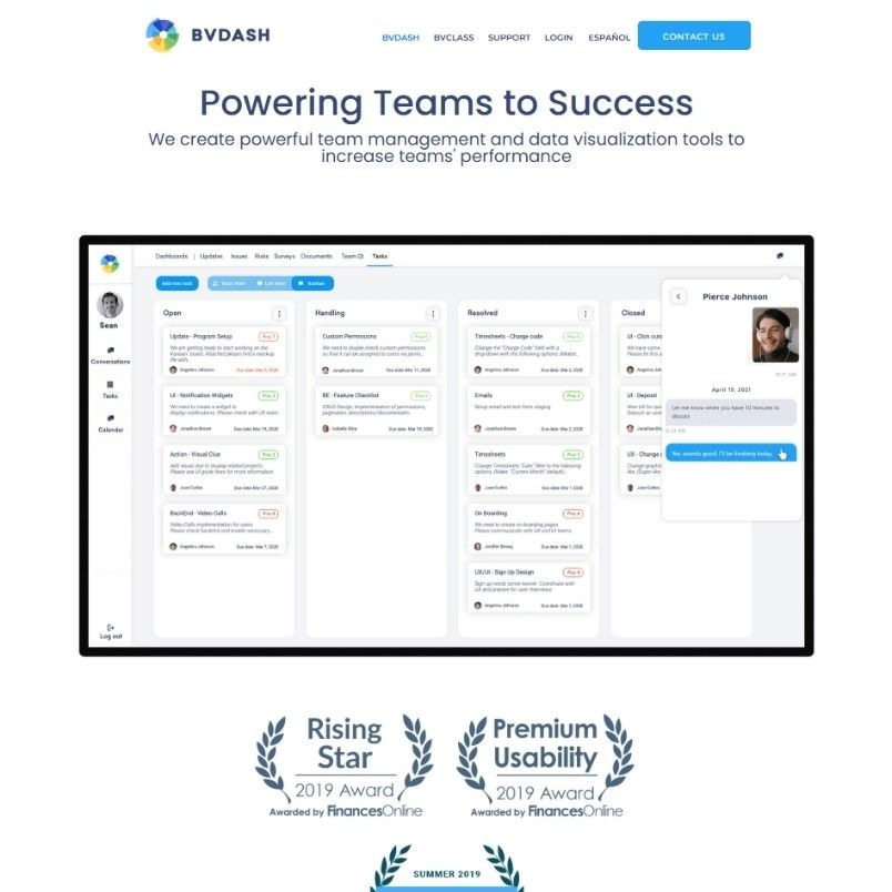 A website homepage for BVDash features a dashboard screenshot showing task columns and a chat window. Headline reads "Powering Teams to Success." At the bottom, compare BVDash vs. Wrike and see awards for Rising Star and Premium Usability.