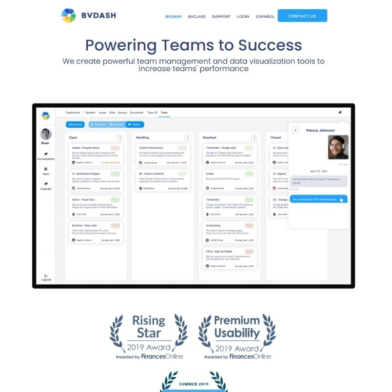 Screenshot of the BVDASH website showing a team management dashboard with project columns, a chat pop-up, navigation menu, and awards for Rising Star and Premium Usability from FinancesOnline—see how BVDash vs Taskade compares in features and recognition.
