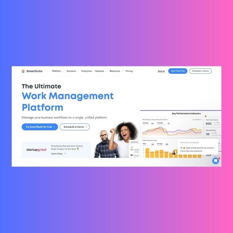 Screenshot of a work management platform website featuring a header, options to schedule a demo or start a free trial, smiling team members, and a Key Performance Indicators graph—perfect for comparing smartsuite vs. zenkit on a pink-blue gradient background.