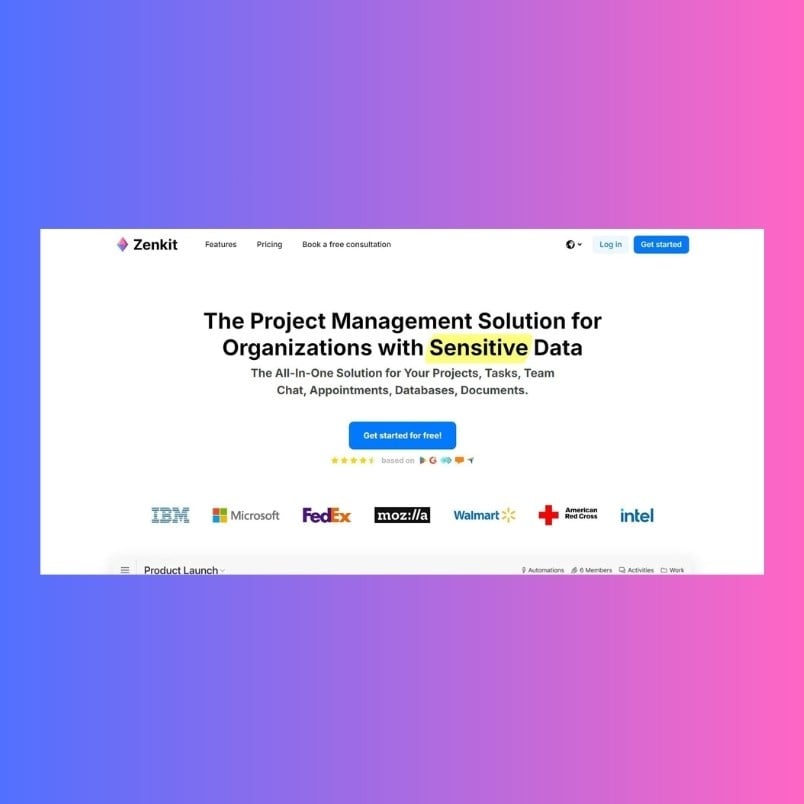 Screenshot of Zenkit's homepage showcasing their project management solution for organizations with sensitive data, highlighting a "Get started for free" button and logos of IBM, Microsoft, FedEx, and Walmart—ideal for those comparing smartsuite vs. zenkit.