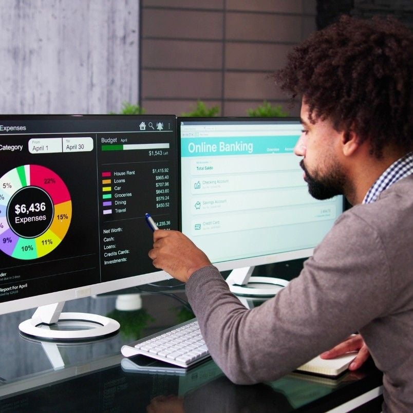 A person with curly hair sits at a desk, reviewing a colorful expense chart on one monitor and online banking details on the other while using Project Management Software for Small Businesses to stay organized.