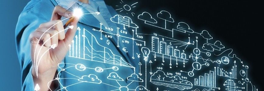 A person in a blue lab coat draws glowing graphs, charts, a Stakeholder Map, and cloud computing symbols on a transparent screen, representing data analysis and technology concepts.