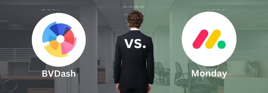 A person in a suit stands facing away, between the BVdash logo on the left and the Monday.com logo on the right, with "VS." on their back—visually highlighting the BVDash vs Monday comparison between these two platforms.
