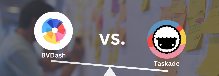 Comparison graphic featuring BVDash vs Taskade, with the BVDash logo on the left and Taskade logo on the right, "VS." in the center, and a blurred background of sticky notes on a board.