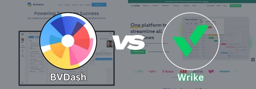 A comparison graphic with the BVDash vs. Wrike logos on either side, separated by a bold "vs" in the center, visually representing a feature-by-feature comparison between the two platforms.