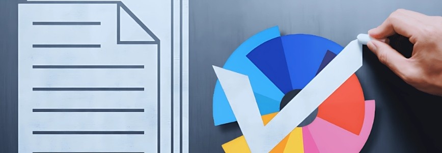 A hand places a checkmark over a colorful pie chart next to a large document icon, symbolizing data analysis, completion of a report, and efficient document management.