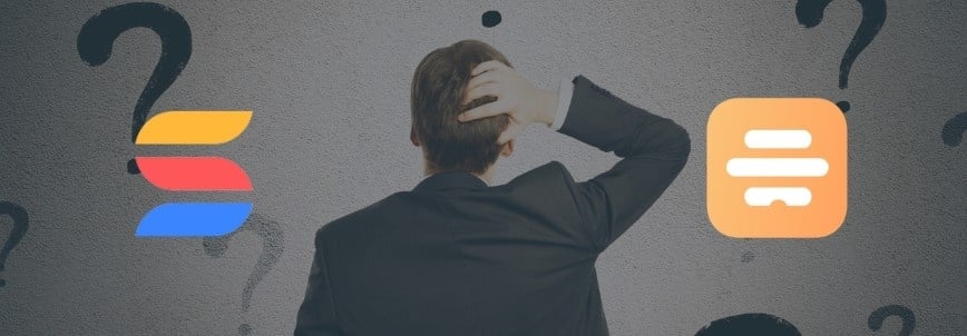 A person in a suit stands with their back to the camera, scratching their head in confusion, as question marks and the SmartSuite vs. Hive app logos appear on either side.