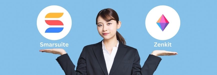 A woman in a business suit stands against a blue background, holding out her hands to present the Smartsuite vs. Zenkit logos, each clearly labeled with their names beneath for a visual comparison.