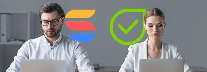A man and a woman in business attire work on laptops at a desk, possibly comparing smartsuite vs flowlu. Behind them are colorful abstract logos: one resembling an "E" in blue, orange, and yellow, and the other a green checkmark within a leaf shape.