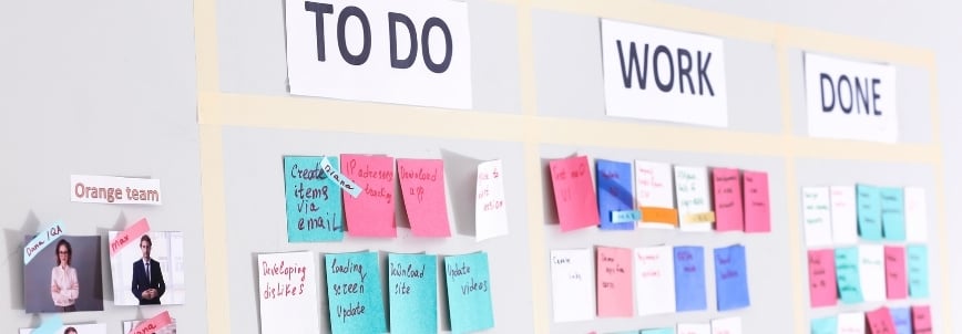 A Kanban board on a wall with sections labeled "To Do," "Work," and "Done" holds colorful sticky notes and cards for organizing tasks—helpful for tracking progress on features like What Is An Epic In Scrum within a team setting.