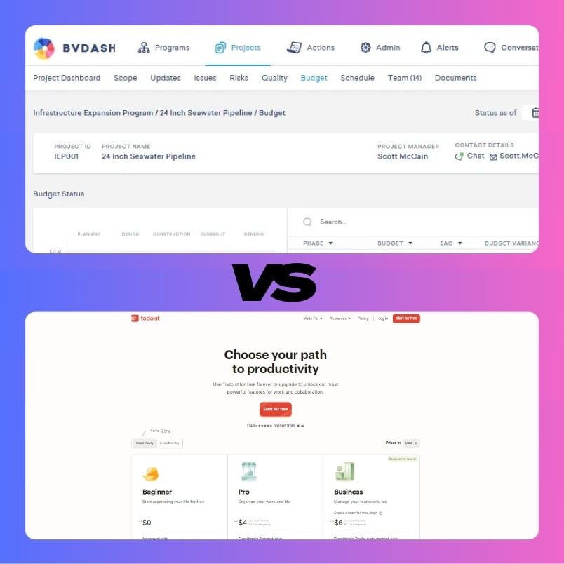 Comparison image: The top half shows a project management dashboard (BVDash) with tabs and budget details; the bottom half displays a toolkit website featuring productivity plans, highlighting BVDash vs Todoist. "VS" is centered between both sections.