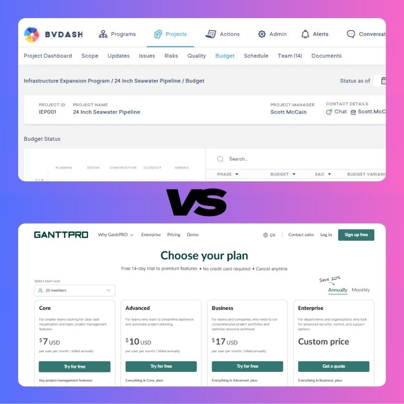 A split image highlights the BVDash vs GanttPro comparison, featuring BVDash’s project dashboard on top and GanttPRO’s pricing plans below, separated by a bold “VS” emblem.